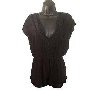 Black O'Neill Crochet Lace Deep V-Neck Short-Sleeve Romper With Elastic Waist &